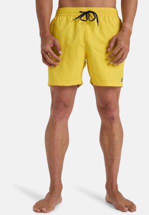 Gelbe Schwimmshorts mit einem elastischen Bund, schwarzem Kordelzug und einem kleinen Logo-Akzent an der Seite. Das Material ist glatt und leicht.