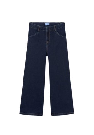 Jeans blu scuro a gamba larga con tasche frontali, chiusura con zip e cuciture a contrasto. Realizzati in tessuto denim, con una vita regolare.