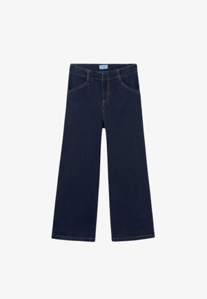 Jeans blu scuro a gamba larga con tasche frontali, chiusura con zip e cuciture a contrasto. Realizzati in tessuto denim, con una vita regolare.