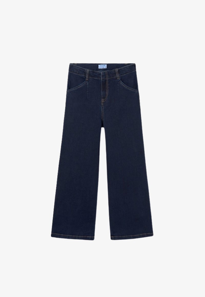 Jeans blu scuro a gamba larga con tasche frontali, chiusura con zip e cuciture a contrasto. Realizzati in tessuto denim, con una vita regolare.