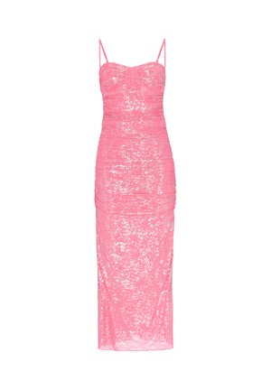 Rosa Pailletten-Midikleid mit dünnen verstellbaren Trägern und gerafften Details am Oberteil und Rock.