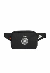 Black fabric waist bag with zip closure, featuring a white Deutscher Fußball-Bund logo and two stars. Includes adidas stripes detail.