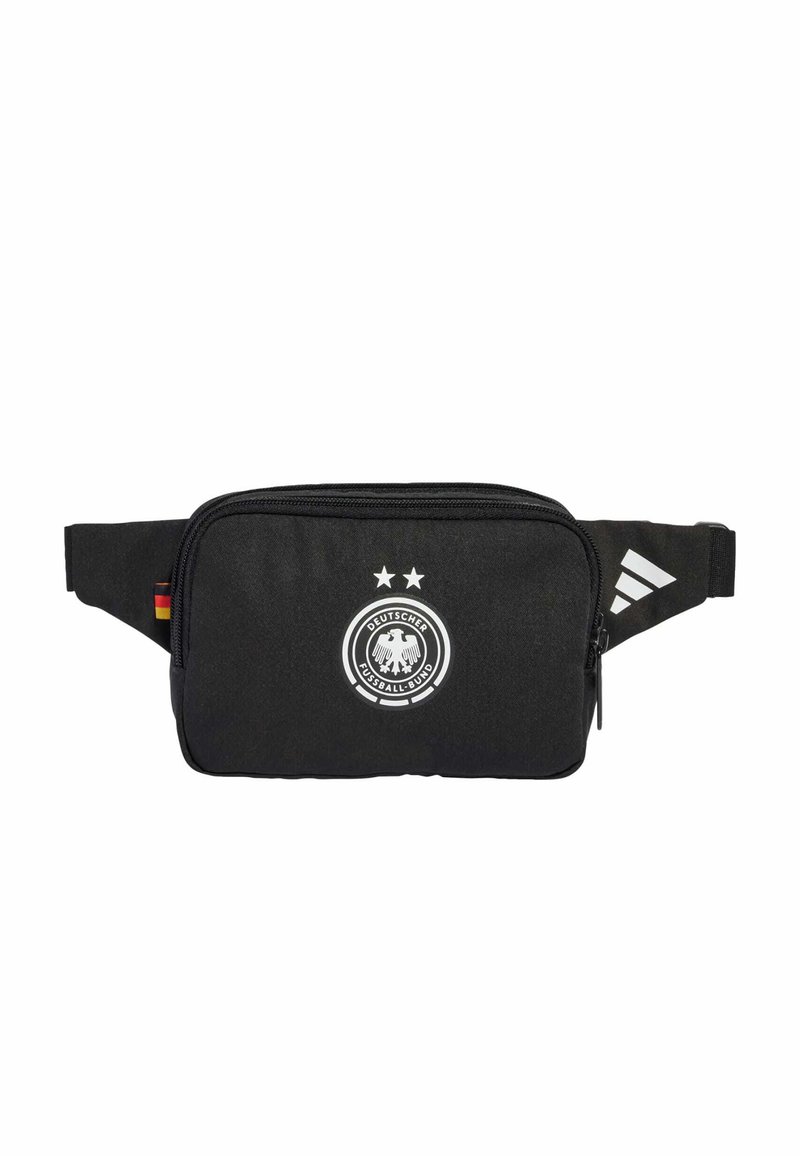 Black fabric waist bag with zip closure, featuring a white Deutscher Fußball-Bund logo and two stars. Includes adidas stripes detail.