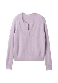 Lichtpaarse gebreide cardigan met een v-hals, geribbelde randen en twee voornaden die de structuur versterken. Zachte textuur, lange mouwen.