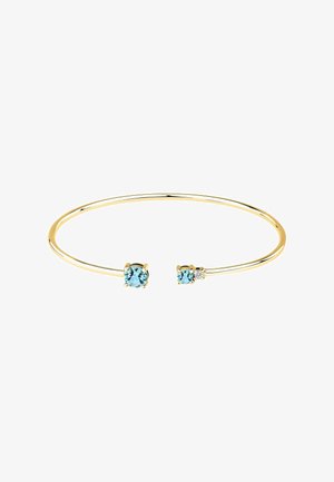 Gold bangle with an open design, featuring two light blue stones and a smaller clear stone on each end. Smooth, polished finish.