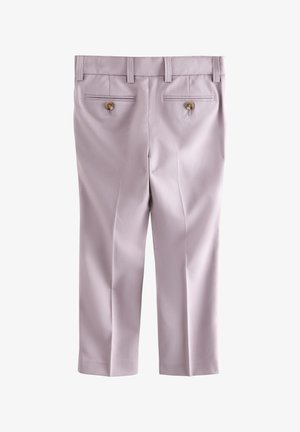 Svetlofialové nohavice s priamym strihom, majú dve zadné vrecká so zapínaním na gombík a pútka na opasok v páse. Hladká textúra.