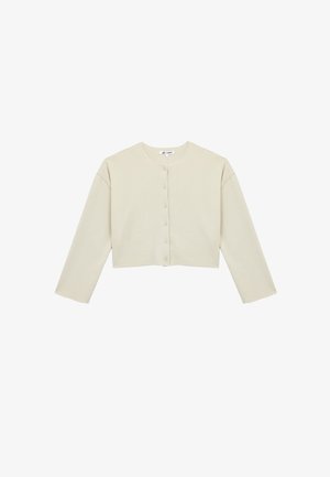 Cárdigan corto en beige claro, hecho de una tela de punto texturizada. Presenta un escote redondo, mangas largas y seis botones en la parte delantera.