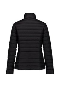 Giacca imbottita nera trapuntata con cuciture orizzontali, maniche lunghe e collo alto, vista posteriore su sfondo bianco.