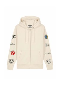 Felpa con cappuccio color crema con zip, tasche frontali, cappuccio con cordino e grafiche che includono un sole, labbra, cuore che piange e testo scritto a mano su entrambe le maniche.