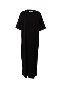 Zwart oversized t-shirt jurk, korte mouwen, ronde halslijn, gemaakt van zachte stof, vloerlange met een rechte silhouet, geen zichtbare patronen of accenten.