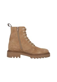 Stivaletti alla caviglia in suede color sabbia con lacci frontali, zip laterale e suola in gomma robusta con scanalature profonde per una migliore aderenza.