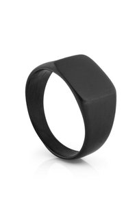 Schwarzer Metallring mit glatter, matter Oberfläche. Verfügt über eine quadratische Oberseite und einen abgerundeten Ring, der ein minimalistisches Design bietet.