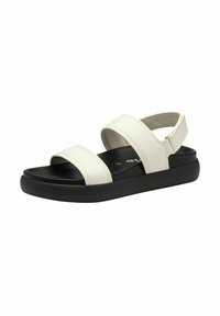 White leather sandal with two wide straps, open toe, and a black platform sole. Features an adjustable back strap for secure fit.
