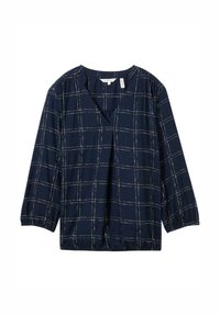 Blouse bleu marine avec des manches trois-quarts, décolleté en V et un motif en damier avec des coutures blanches. Tissu doux avec une coupe décontractée.