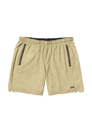Beige swim shorts made of lightweight material, featuring an elastic waistband, two side pockets with dark accents, and a logo on the hip.