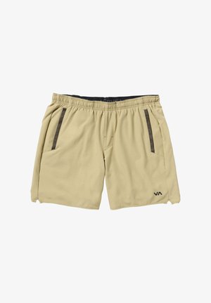 Beige zwemshorts van lichtgewicht materiaal, met een elastische tailleband, twee zijzakken met donkere accenten, en een logo op de heup.
