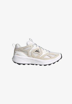 Leichte Laufschuh in Weiß und Beige, mit atmungsaktivem Obermaterial, strukturierten Akzenten, flexiblem Sohlen und schwarzem Gummitraktionsmuster.