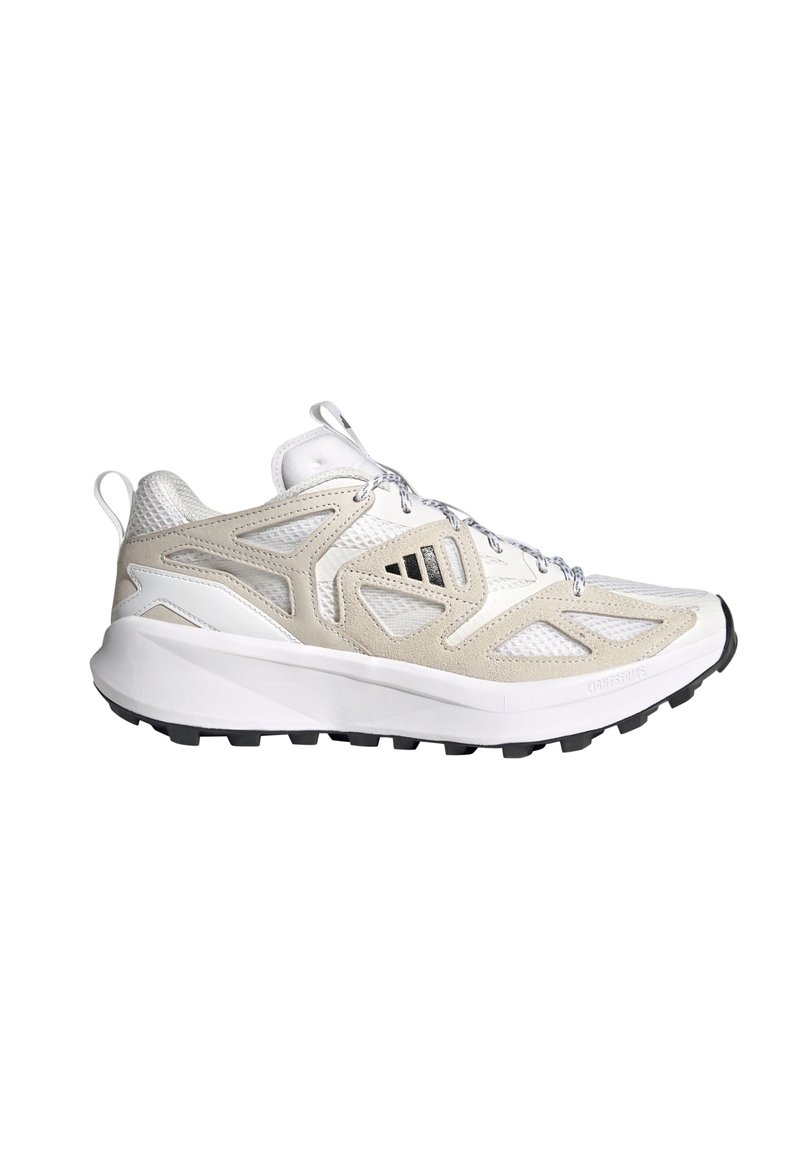 Lightweight running shoe in white and beige, featuring mesh upper, textured accents, flexible sole, and black rubber traction pattern.