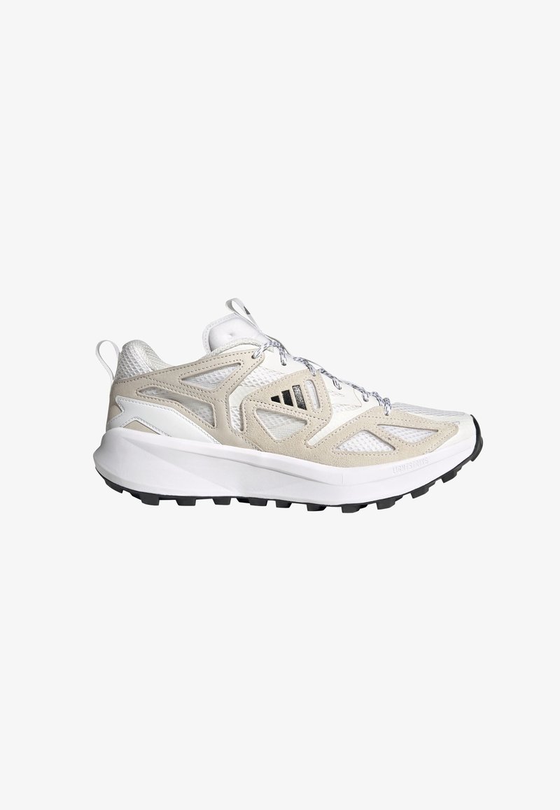 Lightweight running shoe in white and beige, featuring mesh upper, textured accents, flexible sole, and black rubber traction pattern.