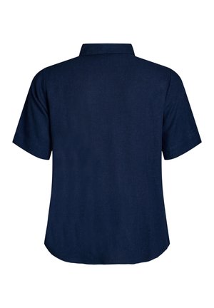 Marineblå kortærmet skjorte med klassisk krave vist bagfra på en hvid baggrund.