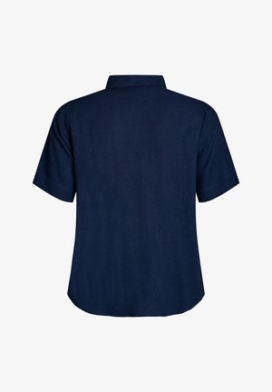 Marineblå kortærmet skjorte med klassisk krave vist bagfra på en hvid baggrund.