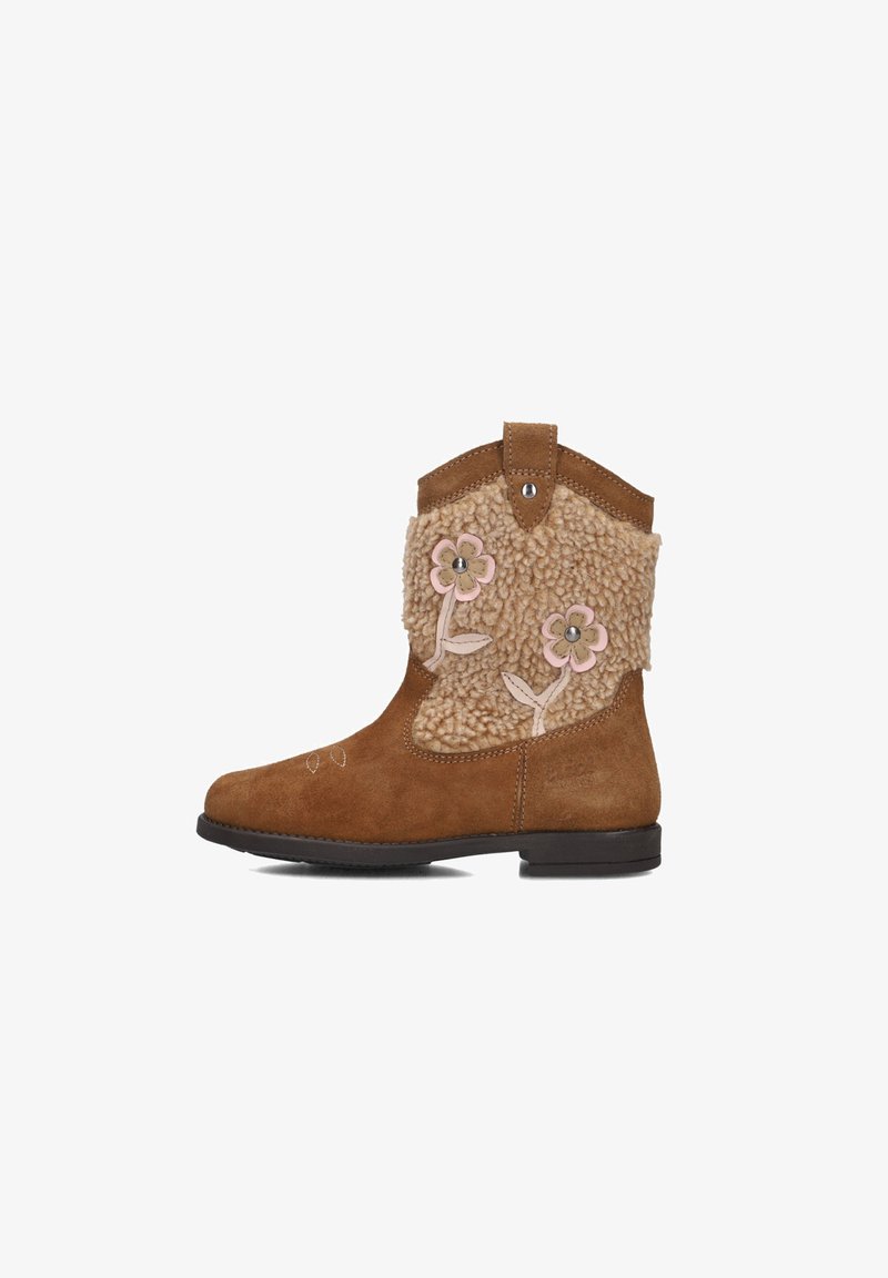 Brown suede ankle boots with a fluffy beige upper featuring floral embroidery and metal accents; flat sole, rounded toe, and stitched details.