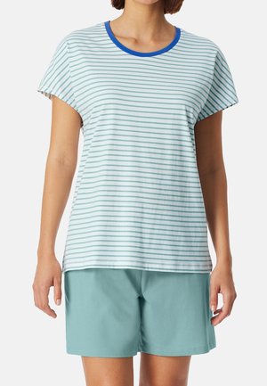 Striped short-sleeve top in light blue with darker blue trim, paired with solid light green shorts. Soft, casual fabric, relaxed fit.