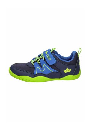 Children's sporty sneaker in dark blue and neon green with velcro strap, elastic laces, and cushioned interior for comfort.