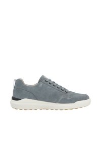 Gray suede sneaker with white rubber sole, round toe, lace-up design, and black accent on heel. Smooth texture, minimal stitching details.