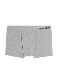 Boxer grigi realizzati in morbido tessuto misto cotone, con apertura frontale e logo nero "FREDDY" sull'elastico in vita.