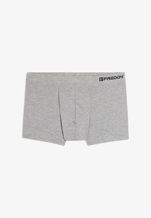 Boxer grigi realizzati in morbido tessuto misto cotone, con apertura frontale e logo nero "FREDDY" sull'elastico in vita.