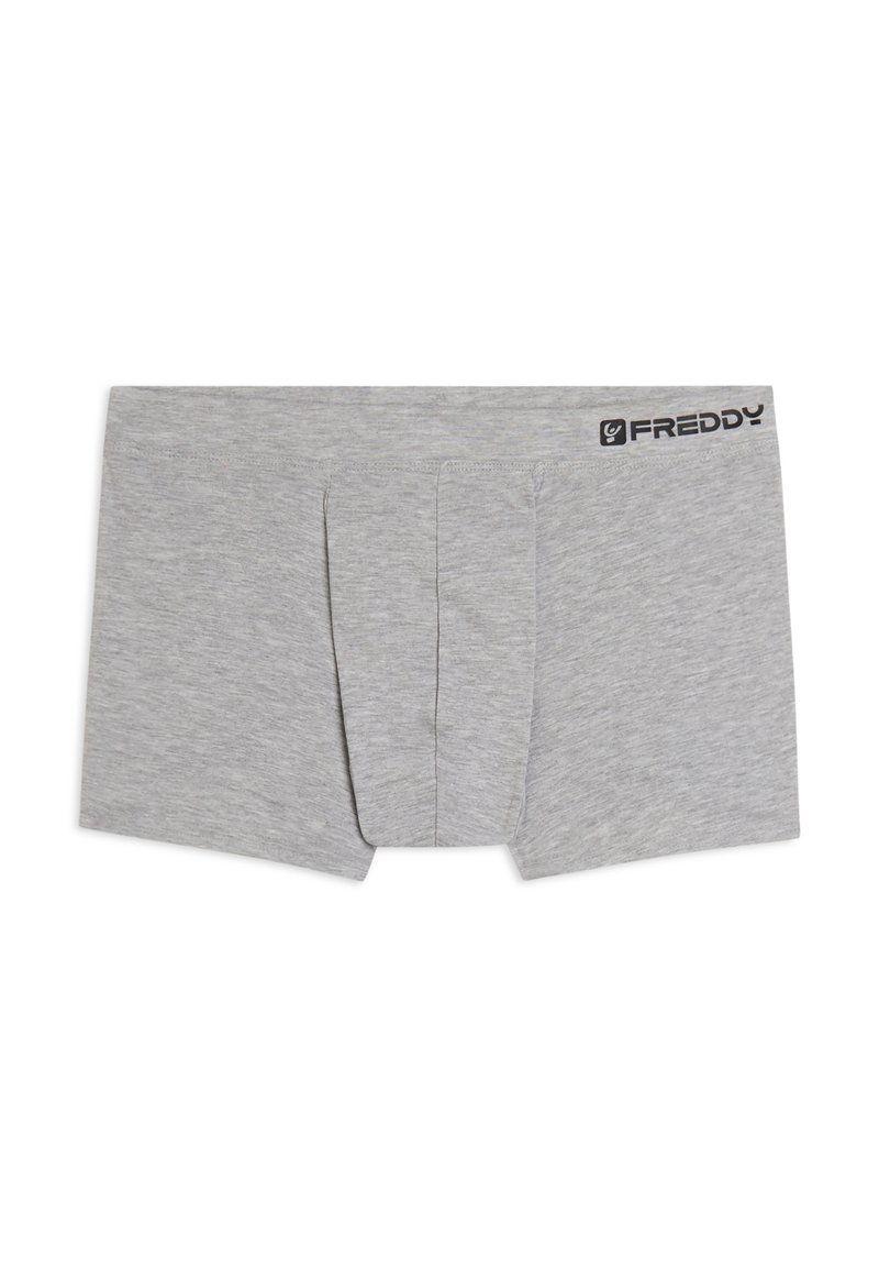 Boxer grigi realizzati in morbido tessuto misto cotone, con apertura frontale e logo nero "FREDDY" sull'elastico in vita.