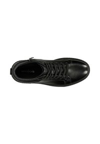 Zwarte leren hoge sneakers met een ronde neus, vlakke veters, zijrits en geprofileerde panels. Binnen/buiten zool met grip.