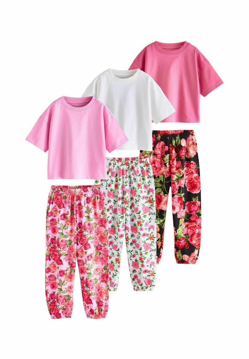 Two pink t-shirts, one white t-shirt, and two pairs of floral-patterned pants in pink, green, and black hues, featuring elastic waistbands.