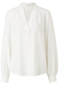 Blusa bianca a maniche lunghe con scollo a V, spalle arricciate e polsini con bottoni, realizzata in tessuto leggero e liscio.