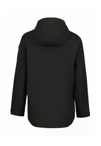 Svart vattentät jacka med huva, långa ärmar och rak passform. Har en jämn yta och minimalistisk design.