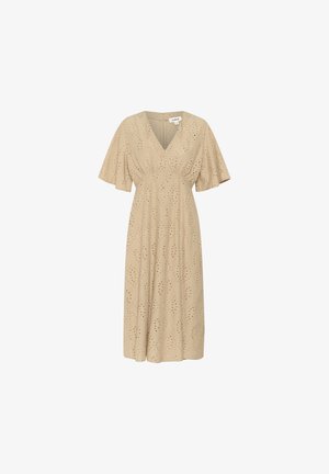 Beige kjole med korte flæseærmer, V-hals og løs pasform. Har et udskåret mønster i hele stoffet for tekstur.