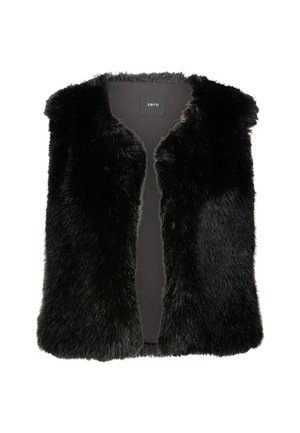 Black faux fur vest with a soft, textured finish. Open front design, no fastenings. Manufacturer's label visible on the inside.