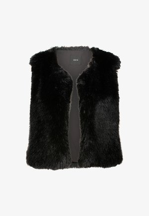 Black faux fur vest with a soft, textured finish. Open front design, no fastenings. Manufacturer's label visible on the inside.