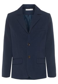 Námořnický modrý blazer vyrobený z texturované látky, s klopovým límcem, dvěma předními kapsami a dvěma knoflíky vpředu.