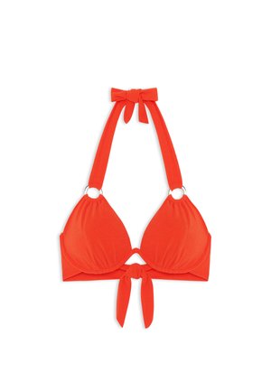 Red bikini top with triangle cups, halter neck, and tie at the center. Features silver ring accents and soft, smooth fabric.