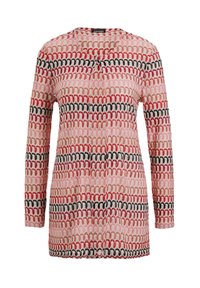 Langarmshirt mit rundem Halsausschnitt, mit einem gewellten Muster in Rot, Schwarz und Beige auf einem hellrosa Hintergrund. Leichtes Material.
