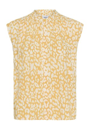 Žuta i bijela bluzica bez rukava s leopard uzorkom, okruglim ovratnikom i kopčanjem sprijeda na dugmad.