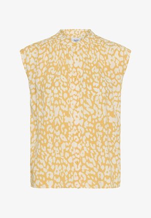 Kollase ja valge leopardimustriga varrukateta pluus, millel on ümar krae ja ees nupuga kinnitamine.