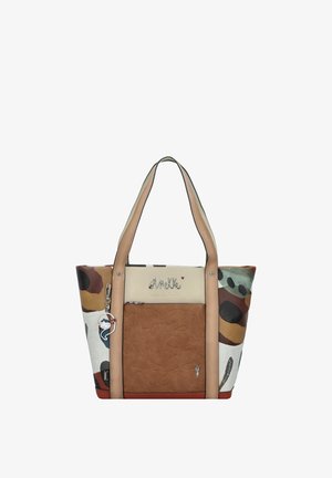 Bolso tote con patrones abstractos multicolores, acentos de cuero sintético color beige, un bolsillo con cremallera y asas dobles para llevar.