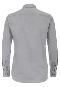 Helle graue Langarmshirt mit einem strukturierten Stoff, Knopfmanschetten und einem klassischen Kragen. Verfügt über einen geraden Rücken und minimale Designdetails.