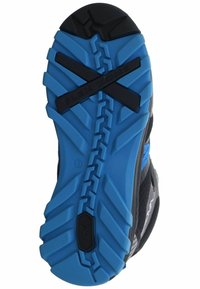 Suela de zapato con una combinación de colores negro y azul. Presenta una superficie de goma texturizada, un patrón de banda de rodadura en zigzag y una etiqueta de "ZONA FLEX".