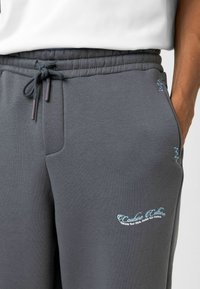 Grijze joggingbroek van zacht materiaal met een elastische tailleband en trekkoord. Beschikt over twee zijzakken en blauwe logo-accenten.