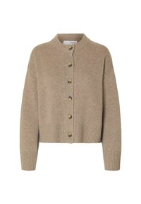 Cardigan en mélange de laine beige avec des poignets et un ourlet côtelés, présentant un col rond et six grands boutons ronds marron sur le devant.