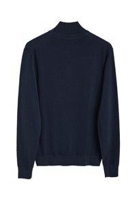 Jersey de punto azul marino con cuello alto, mangas largas y puños y dobladillo acanalados. Textura suave sin patrones o adornos visibles.